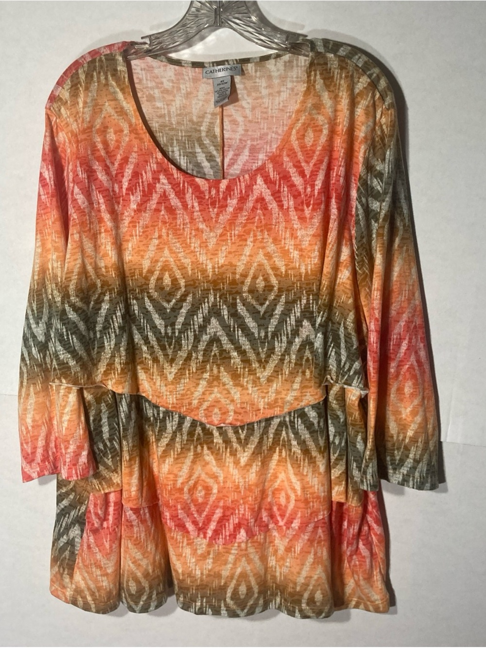 CATHERINES orange brown geometric scoop neck tiered 3/4 sleeve top 4X 30/32W